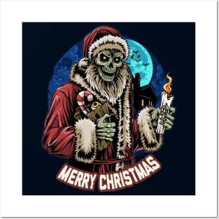 christmas-santa-claus-skull-zombie-holding-candle-midnight Posters and Art